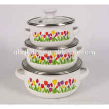 Jogos do cookware do esmalte 3pcs com dois decalque lateral e tampa de vidro